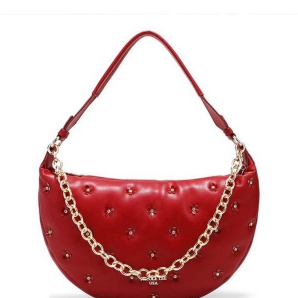 Nicole Lee Red Shoulder Bag Crescent Shape Silver Chain Detail